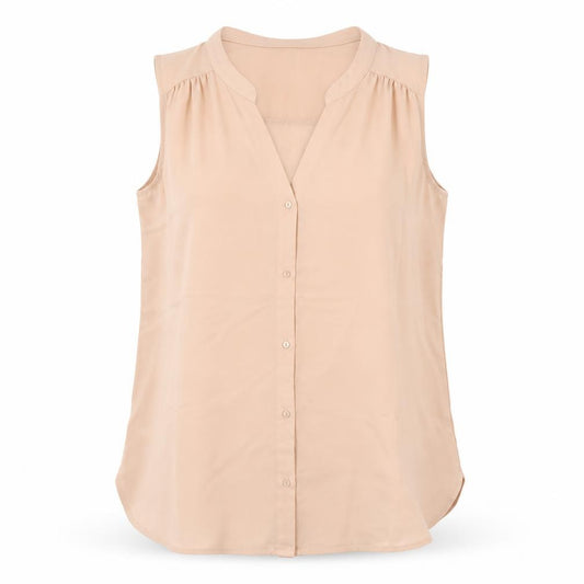 Front view of H&M women’s beige basic button-up, size S