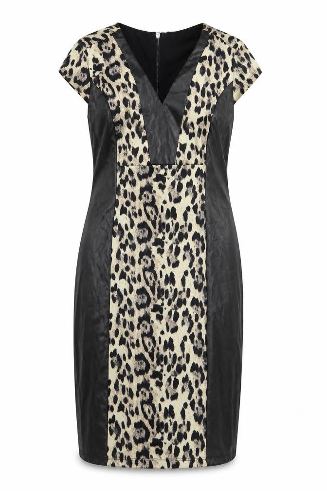Front view of Definitions women’s black animal print pencil dress, size UK 12
