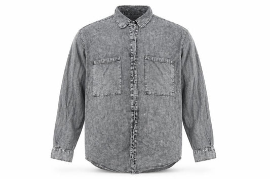 Front view of Rockn rev men’s grey button-up, size M