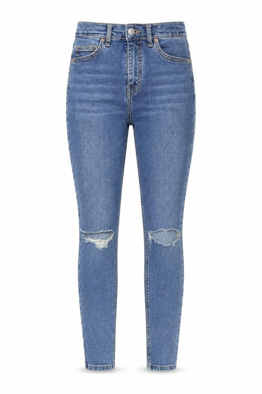 Front view of women’s blue skinny jeans, size UK 26, in, 30-inch leg