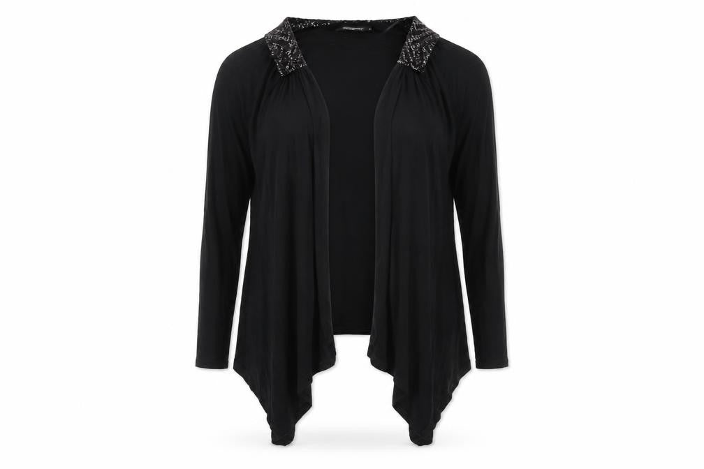 Front view of Atmosphere women’s black cardigan jumper, size UK 10