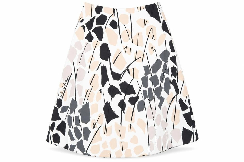 Front view of H&M women’s beige flare skirt, size UK 38