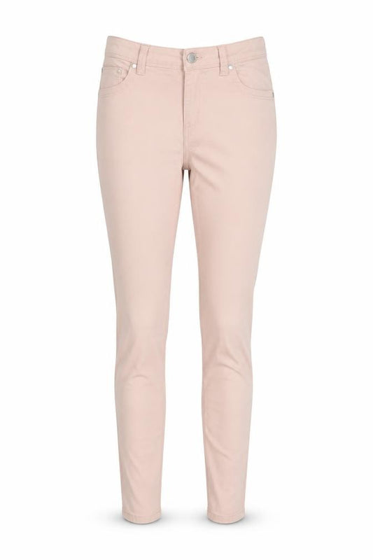 Front view of Denim & Co. women’s pink denim skinny jeans, size UK 8, 27-inch leg