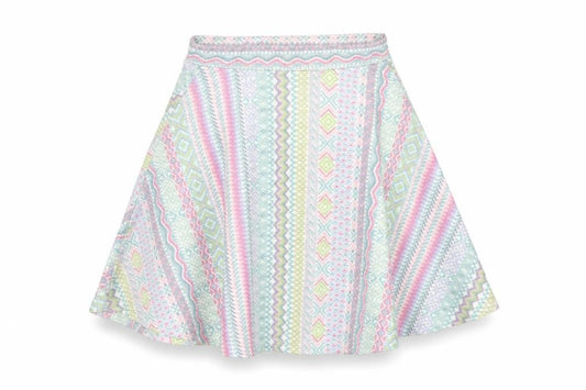 Front view of River Island women’s multicoloured geometric skater skirt, size UK 6