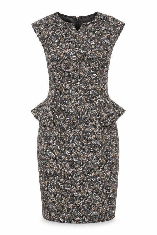 Front view of Warehouse women’s multicoloured geometric pencil dress, size UK 12