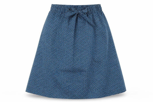 Front view of H&M women’s blue geometric a-line skirt, size UK 6