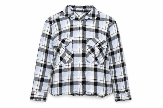 Front view of Marks & Spencer women’s blue check basic button-up, size UK 14