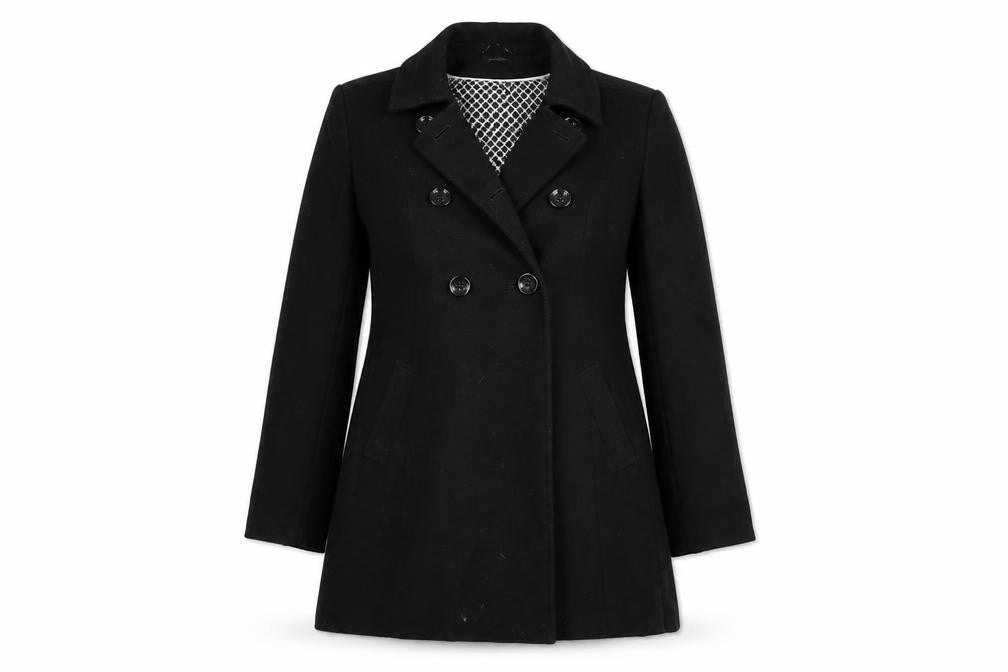 Front view of marks women’s black overcoat coat, size UK 10