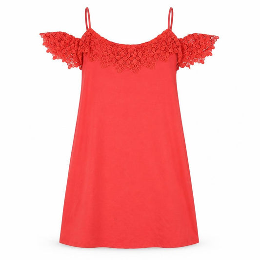 Front view of ASOS women’s red shirt dress, size UK 12, - lace detail
