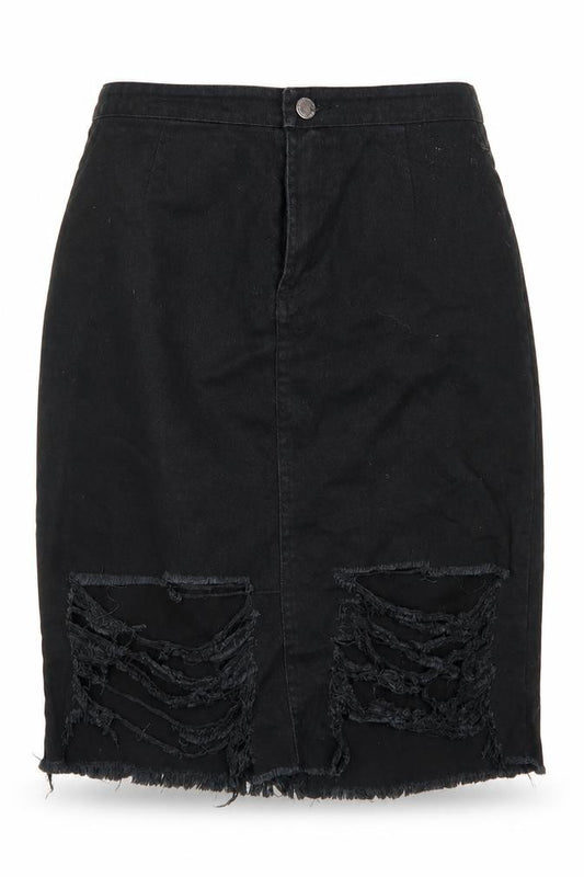 Front view of L&L women’s black denim straight & pencil skirt, size UK 30, in - distressed