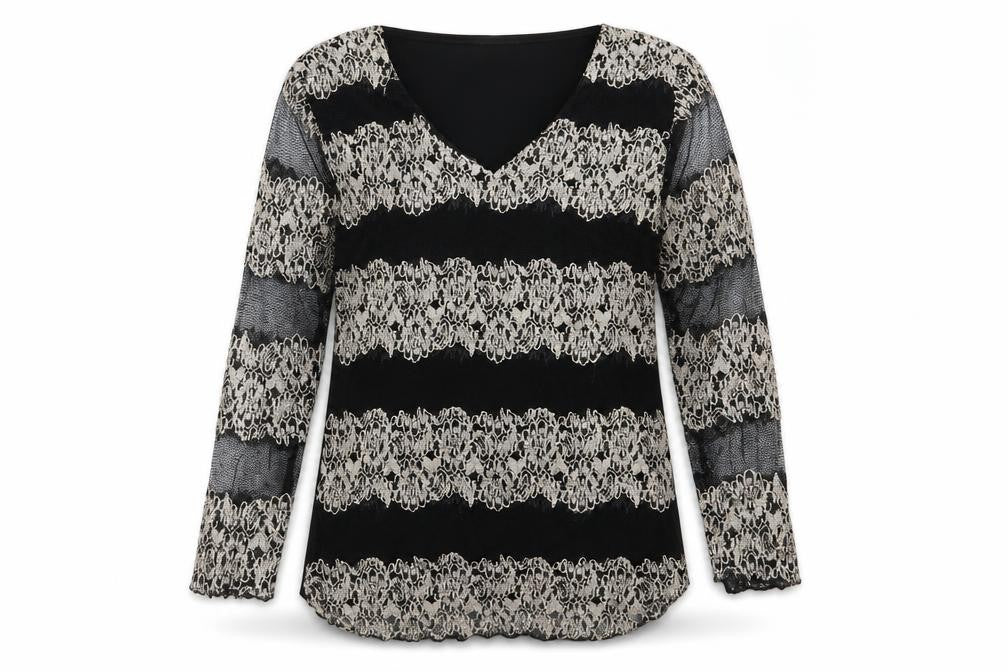 Michele Monet Womens Black Striped Mesh Basic Blouse Size S