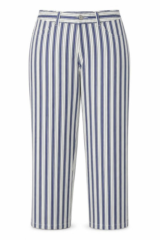 Front view of Cocoon women’s beige striped trousers, size UK 16, 25-inch leg