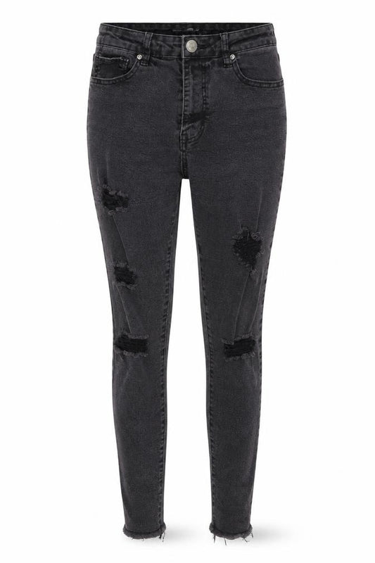 Front view of Boohoo women’s black denim skinny jeans, size UK 10, 26-inch leg