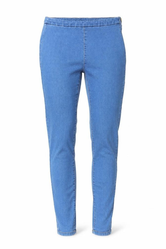 Front view of women’s blue jegging jeans, size UK 10, 27-inch leg