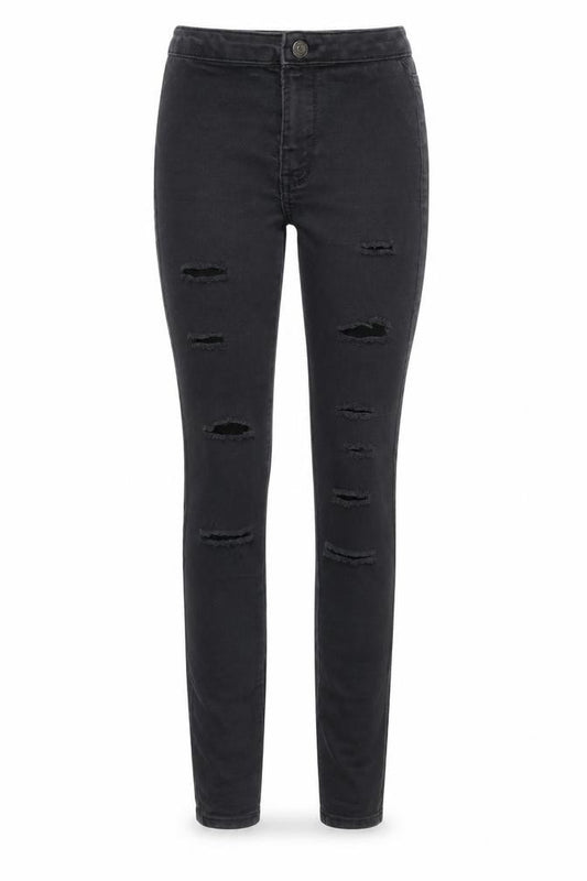 Front view of Denim & Co. women’s black denim skinny jeans, size UK 4, 28-inch leg