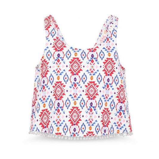 Front view of Atmosphere women’s multicoloured geometric jersey cropped tank, size UK 12