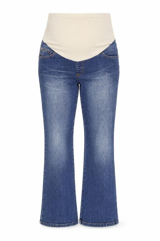 Front view of Motherhood women’s blue straight jeans, size UK 32, in, 31-inch leg