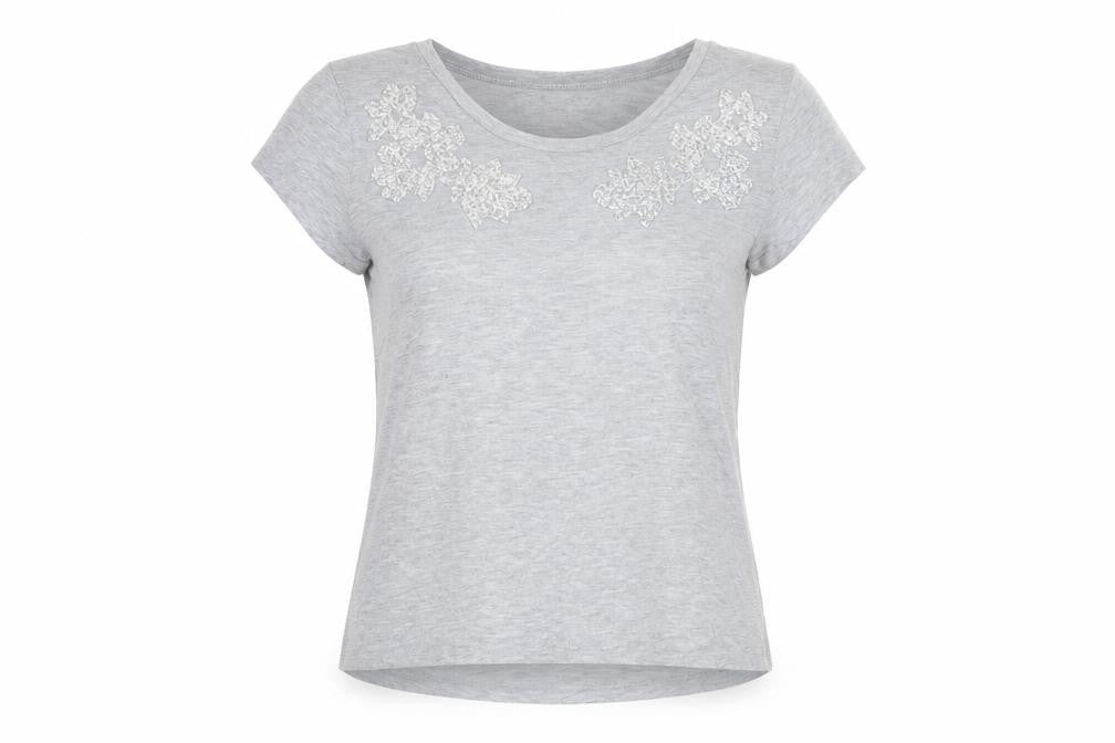 Front view of H&M women’s grey floral basic t-shirt, size M