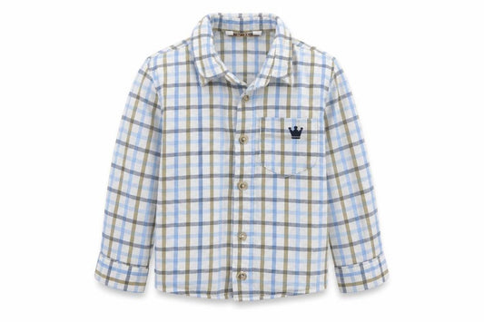 Front view of M&Co boys’ white check basic button-up, size 2-3, years