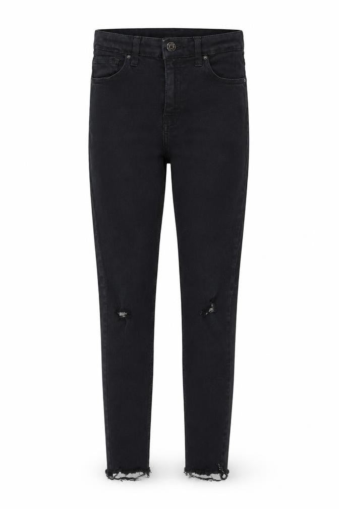 Front view of Topshop women’s black straight jeans, size UK 8, 28-inch leg