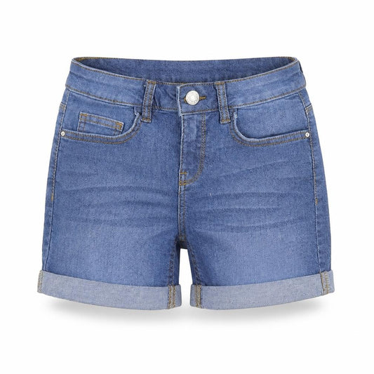 Front view of DENIMCO women’s blue chino shorts, size UK 4
