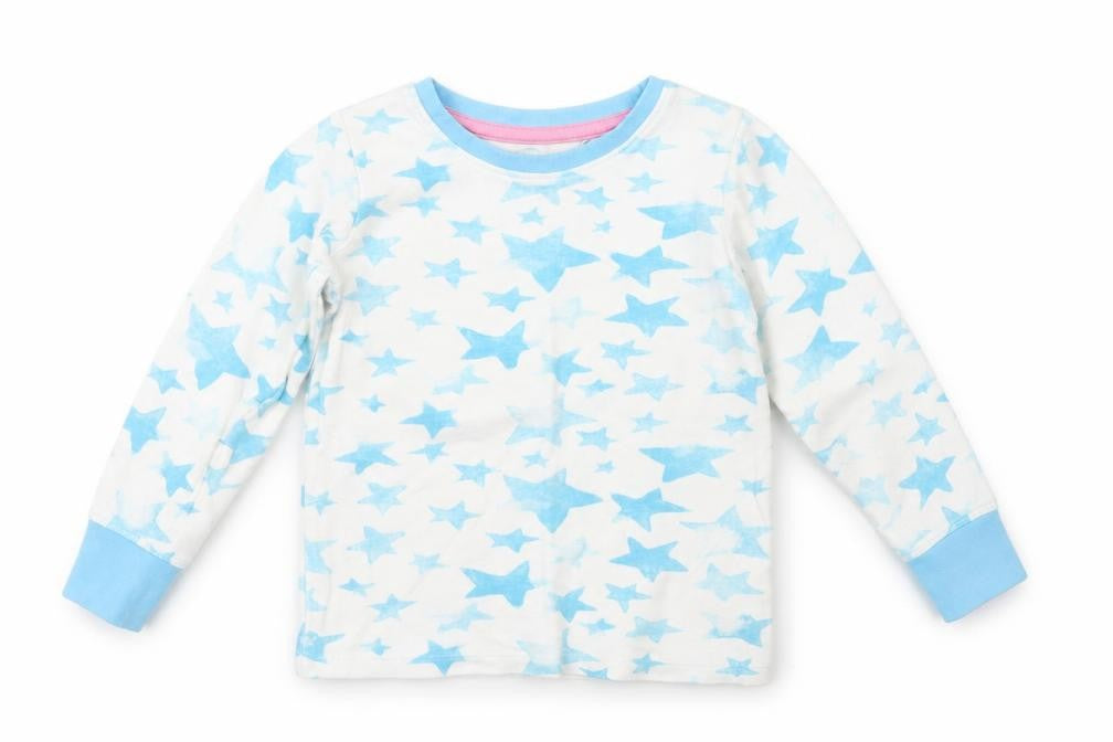 Front view of Next girls’ blue geometric top pyjama top, size 2-3, years - stars