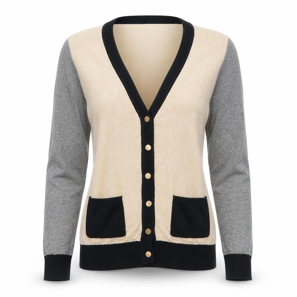Front view of Atmosphere women’s beige cardigan jumper, size UK 8, - colour block