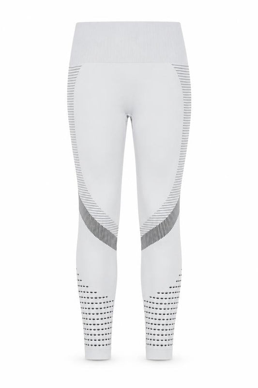 Front view of Preworn women’s grey compression leggings, size L, 27-inch leg