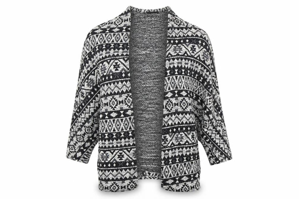 Front view of Atmosphere women’s black geometric cardigan jumper, size M