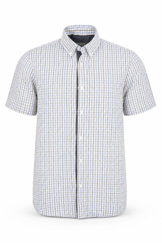 Front view of Easy men’s blue check button-up, size S