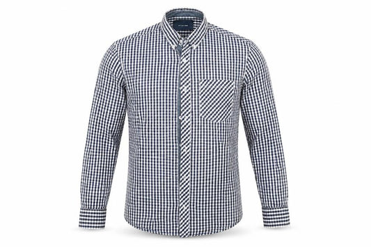 Front view of Diverse men’s blue check button-up, size M
