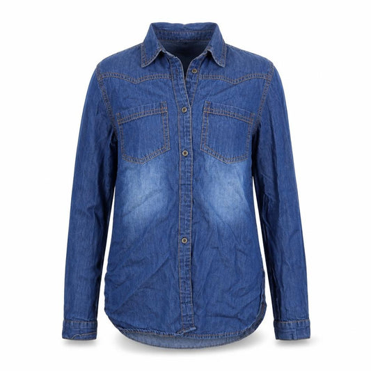 Front view of miss e vie women’s blue basic button-up, size UK 10
