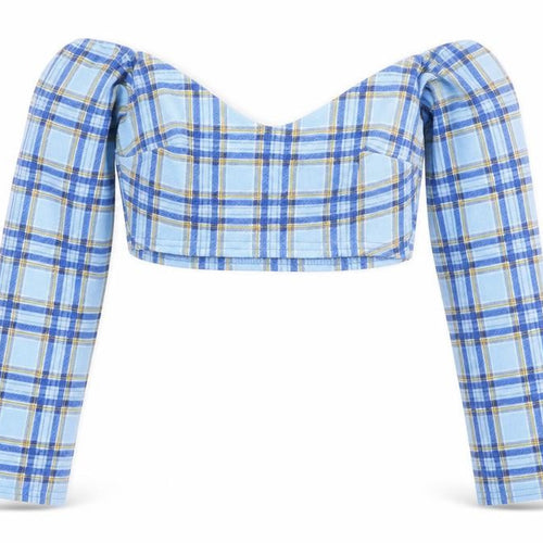 Boohoo Womens Blue Check  Cropped T-Shirt Size 10
