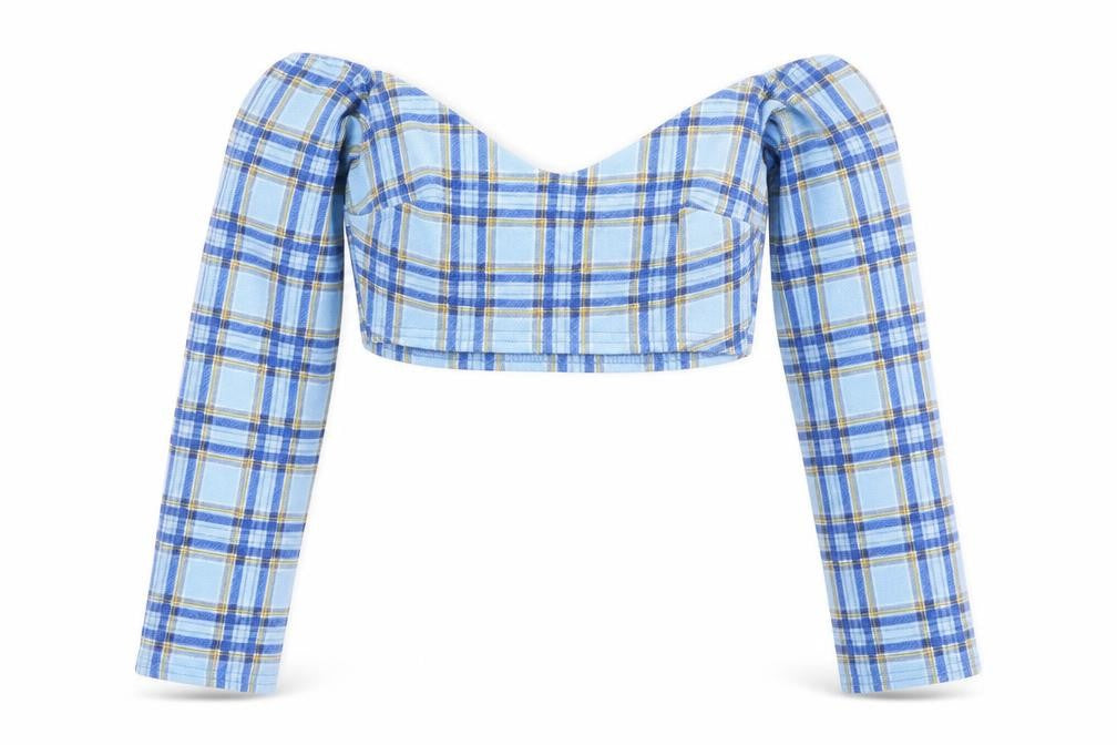 Boohoo Womens Blue Check  Cropped T-Shirt Size 10