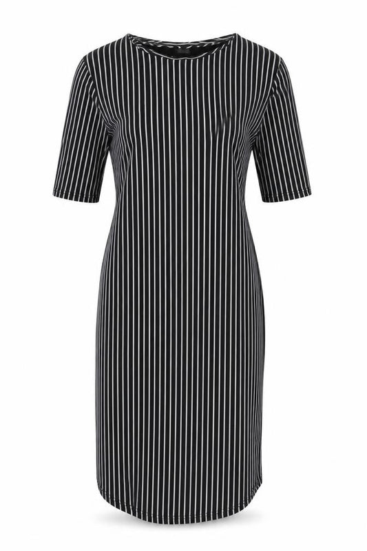 Front view of ASOS women’s blue striped t-shirt dress, size UK 6