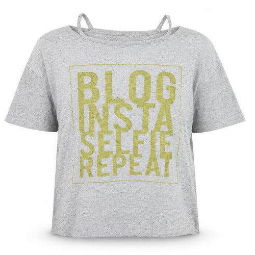 Minoti Girls Grey   Basic T-Shirt Size 9-10 Years  - slogan cut out shoulders