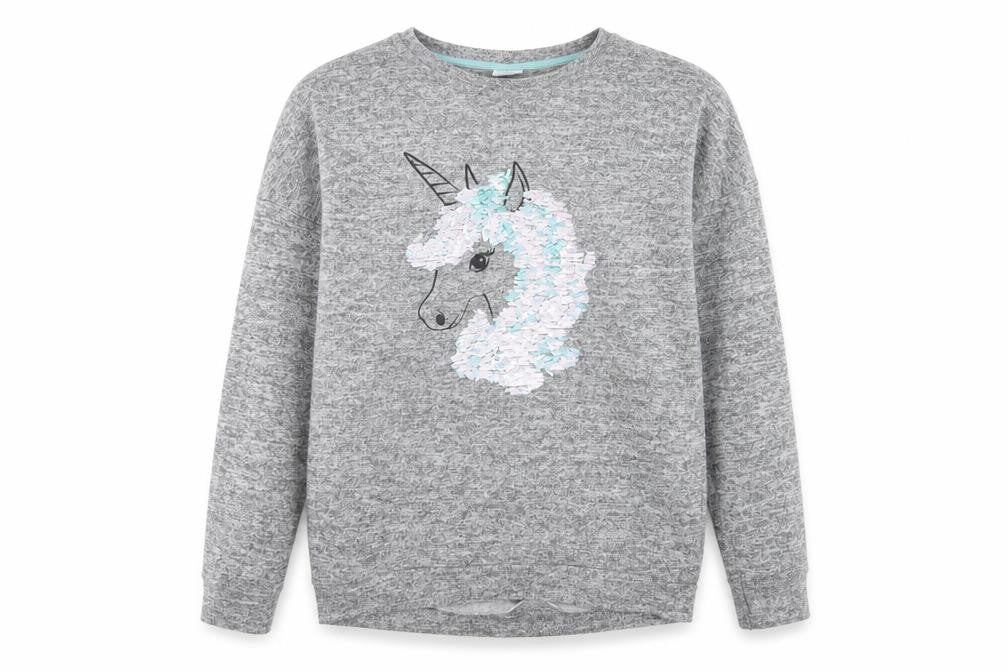 Front view of F&F girls’ grey pullover sweatshirt, size 12-13, years - unicorn
