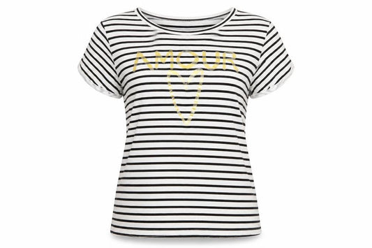 Front view of Quiz women’s black striped basic t-shirt, size UK 12, - amour