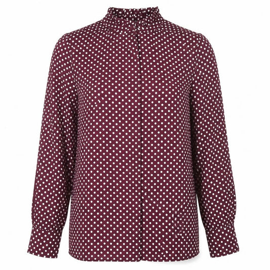 Front view of Primark women’s purple polka dot basic button-up, size UK 12