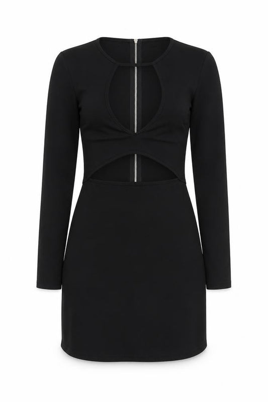 Front view of Yoins women’s black shirt dress, size UK 10