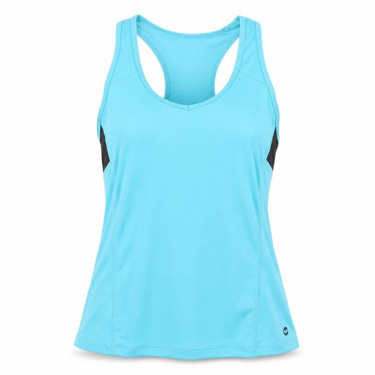 Front view of pure simple women’s blue basic tank, size UK 12