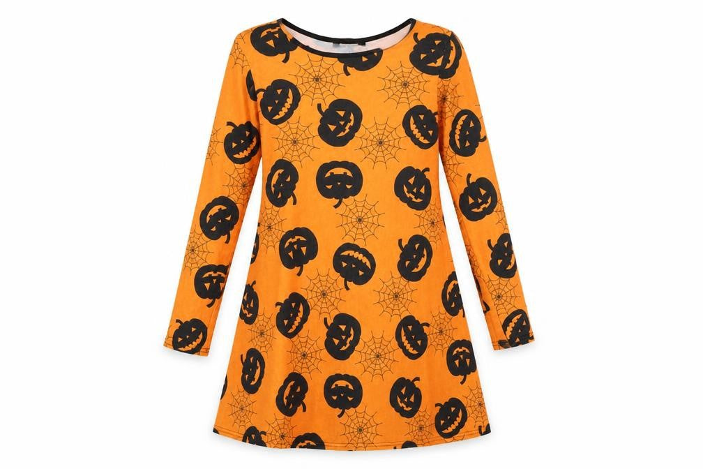 Miss Look Womens Orange   T-Shirt Dress  Size S  - Pumpkins and Spider Webs