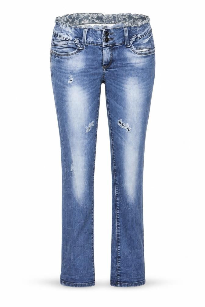 Front view of women’s blue straight jeans, size L, 25-inch leg