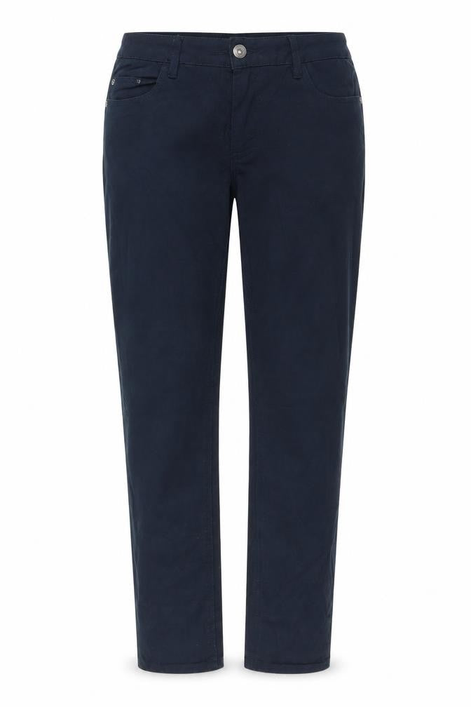 Front view of women’s blue straight jeans, size UK 8, 26-inch leg