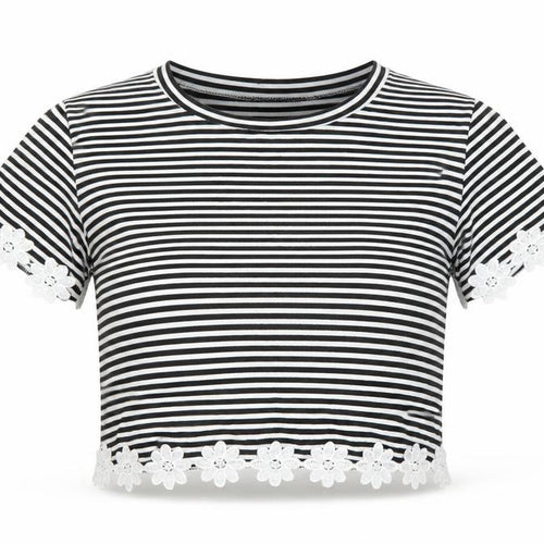 Hearts & Bows Womens Black Striped  Basic T-Shirt Size 8  - CROPPED
