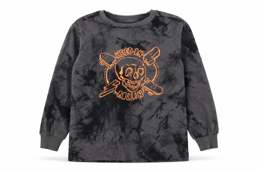 Front view of Next boys’ green jersey pullover sweatshirt, size 5, years - tie dye skull