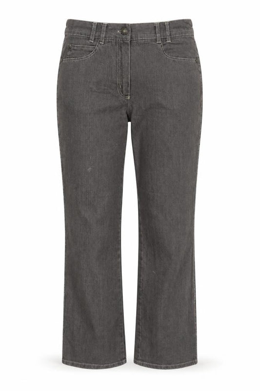 Front view of women’s grey straight jeans, size UK 34, in, 29-inch leg
