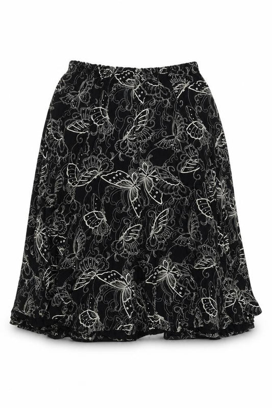 Front view of Preworn women’s black a-line skirt, size UK 36, in - butterflies