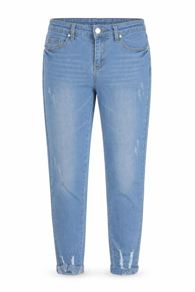 Front view of women’s blue cropped jeans, size UK 30, 27-inch leg