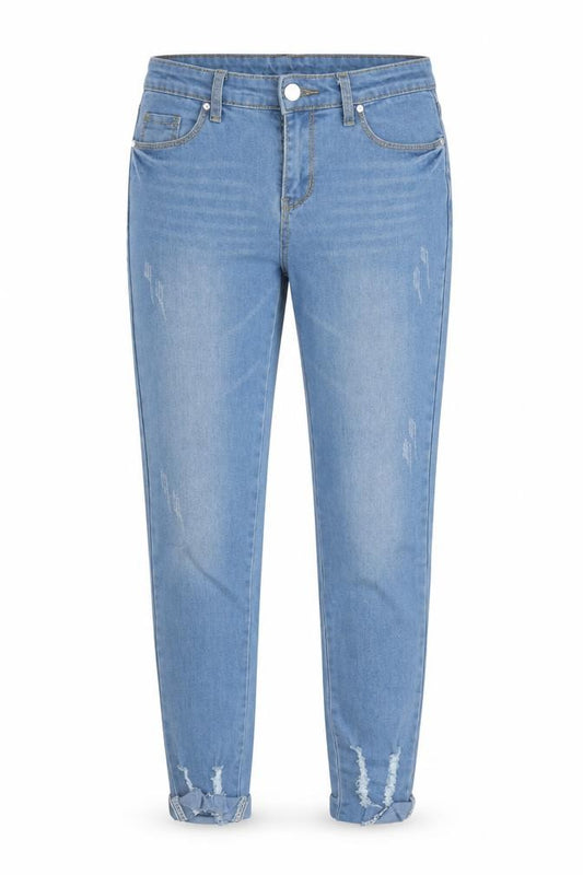Front view of women’s blue cropped jeans, size UK 30, 27-inch leg